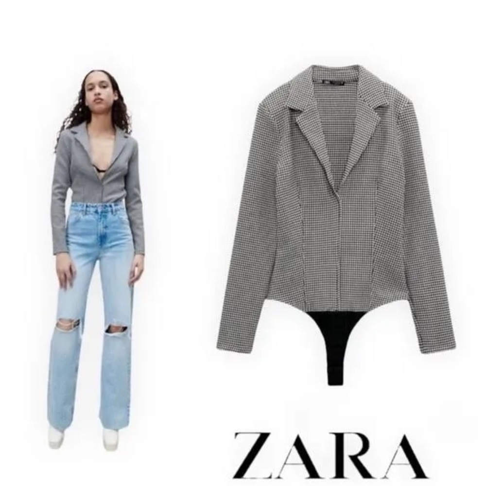 NWT Zara Black/White Houndstooth Bodysuit with V-neckline. Size S